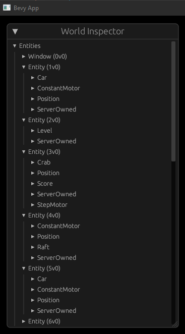 The output of bevy_inspector_egui when running the client crate, which shows several entities displaying the components added above.